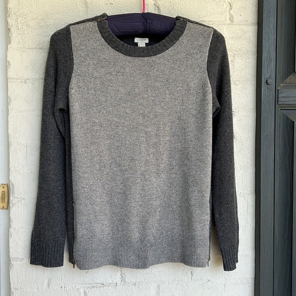 J. Crew grey color blocked crew neck sweater with shoulder/side seam zippers - Picture 1 of 10